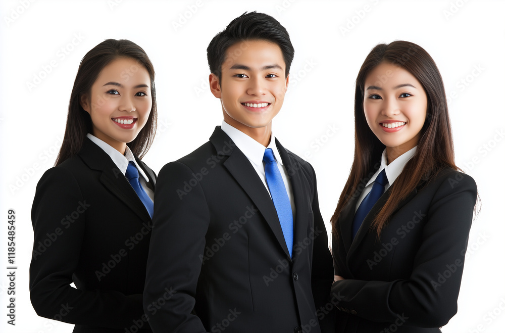 Young male and female chinese executives smiling white background Young male and female chinese executives smiling white background