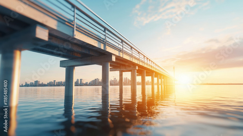 Wallpaper Mural serene view of pier extending over calm waters, with modern city skyline in background, illuminated by warm sunset glow Torontodigital.ca
