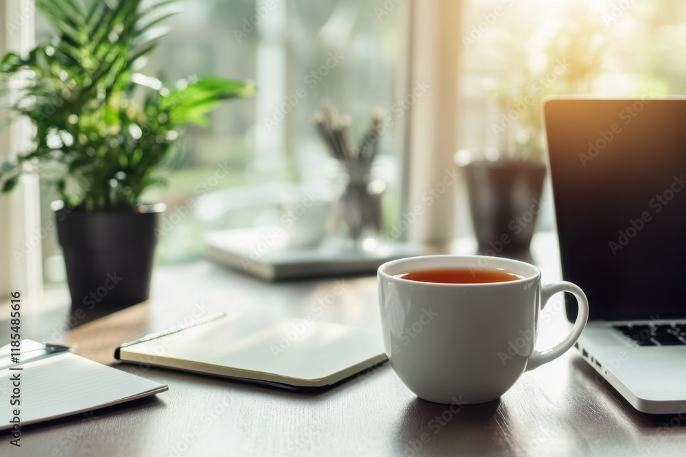 Tea break in a modern office setting with a sleek mug and laptop inspiring productivity and relaxation amidst a bright contemporary environment Tea break in a modern office setting with a sleek mug and laptop inspiring productivity and relaxation amidst a bright contemporary environment