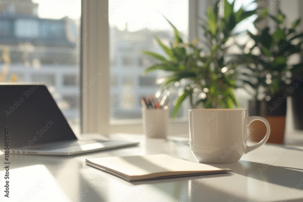 Refreshing tea break in a modern office setting with a sleek mug natural light productivity boost relaxation and greenery accents Refreshing tea break in a modern office setting with a sleek mug natural light productivity boost relaxation and greenery accents