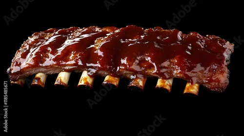 Close-up of Tender Ribs Slathered in Barbecue Sauce on a Black Background photo