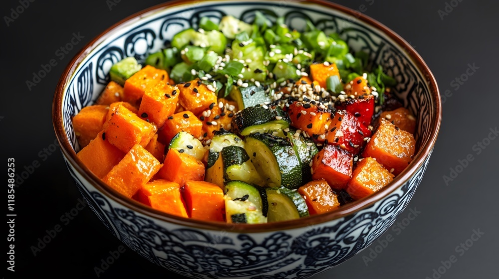 Colorful Bowl of Roasted Vegetables with Sweet and Savory Toppings on a Dark Background Colorful Bowl of Roasted Vegetables with Sweet and Savory Toppings on a Dark Background
