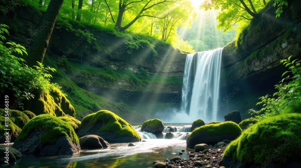 Serene Waterfall Cascading Through Lush Green Forest, Sunbeams Illuminating Mossy Rocks and Tranquil Stream Serene Waterfall Cascading Through Lush Green Forest, Sunbeams Illuminating Mossy Rocks and Tranquil Stream