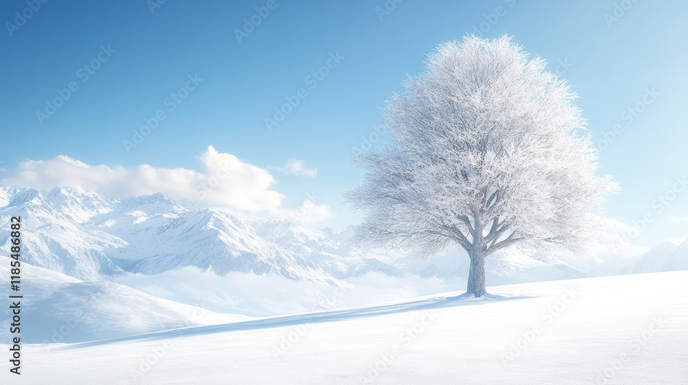 Solitary snow-covered tree on a snowy hillside with mountains in the background Solitary snow-covered tree on a snowy hillside with mountains in the background