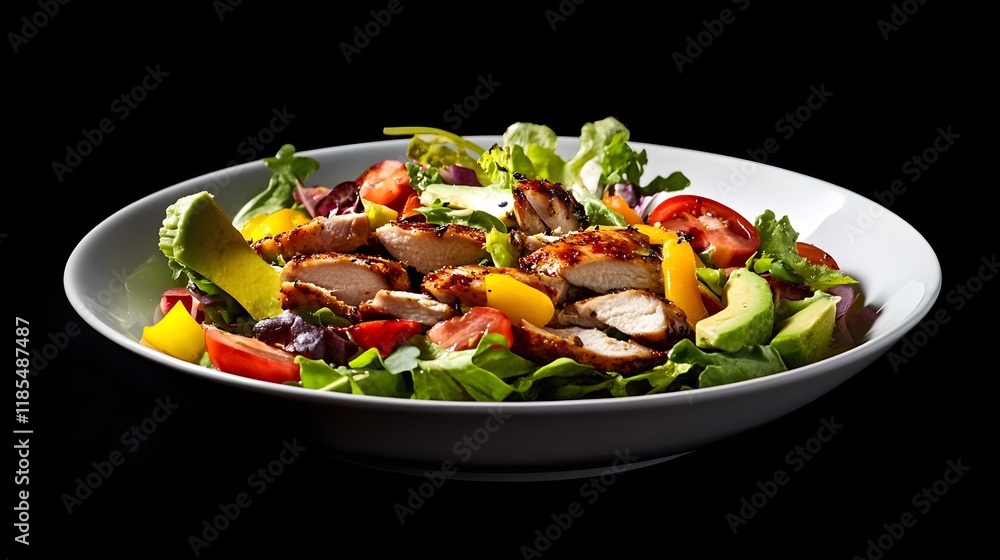 Colorful Salad with Roasted Chicken and Avocado on Dark Background for Healthy Eating Concept Colorful Salad with Roasted Chicken and Avocado on Dark Background for Healthy Eating Concept
