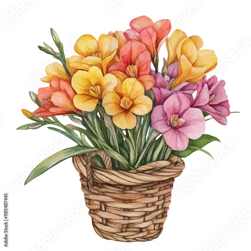 A watercolor vector of a Freesia bouquet in a basket, isolated on a white background. Freesia vector.
