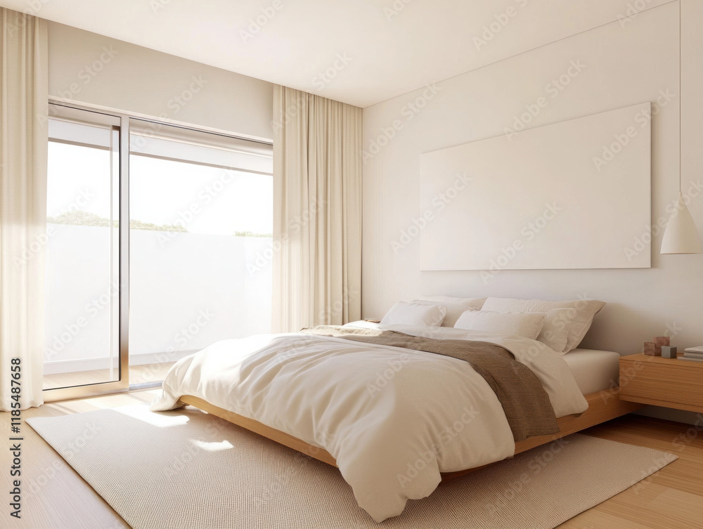 bright, modern bedroom featuring large bed, soft linens, and natural light. minimalist design includes wooden bed frame and cozy rug bright, modern bedroom featuring large bed, soft linens, and natural light. minimalist design includes wooden bed frame and cozy rug