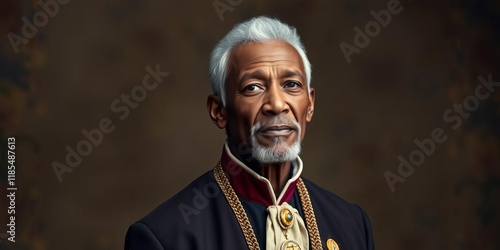 Middle aged African American man in colorful fantastical costume with hopeful expression, man, vibrant photo