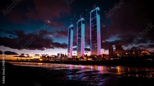 Night Cityscape  Futuristic Towers  Neon Lights  Skyline Reflection