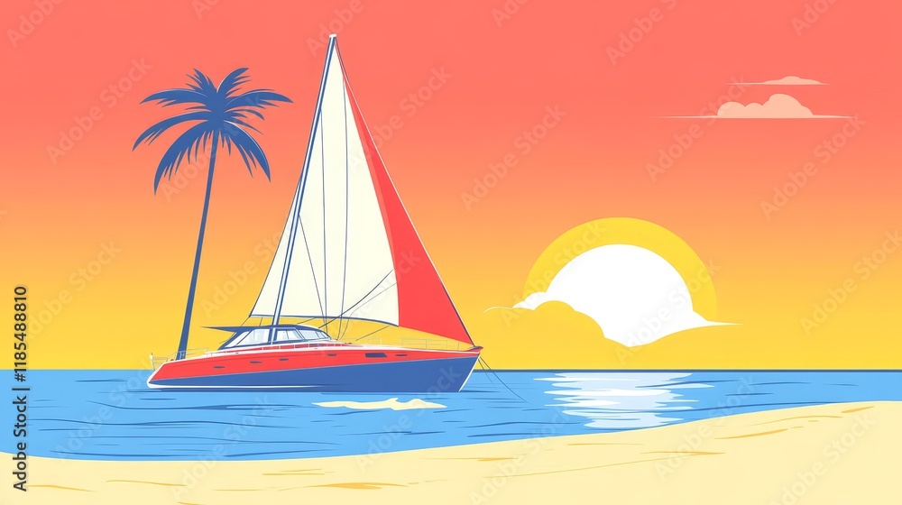 Naklejka premium Sailboat at Sunset near Tropical Beach with Palm Tree