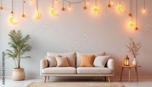 Cozy Living Room Decorated with Illuminated Moon and Star Wall Lights photo