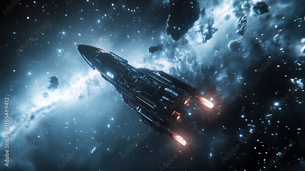 Fototapeta premium Stylized Rocket Ship Flying Through a Galactic Space