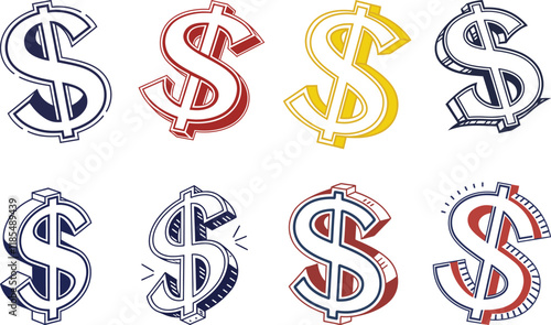 3D dollar icons and symbols clipart using solid color colors. Vector and illustration art isolated design on a white background