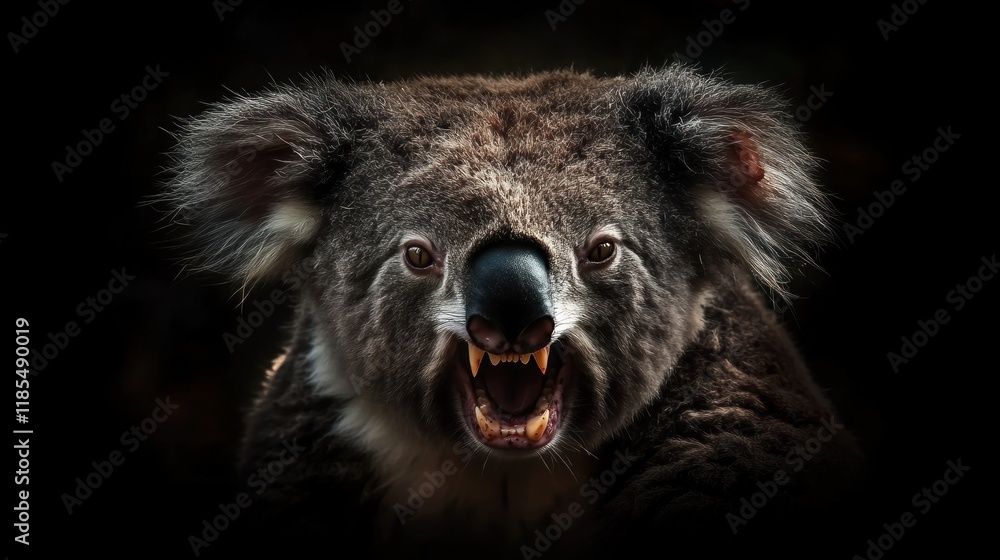 Fototapeta premium Close-up of growling koala bear on black background.