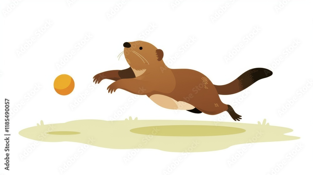 Obraz premium A playful beaver leaps toward an orange ball on a grassy surface, capturing a moment of fun and energy.