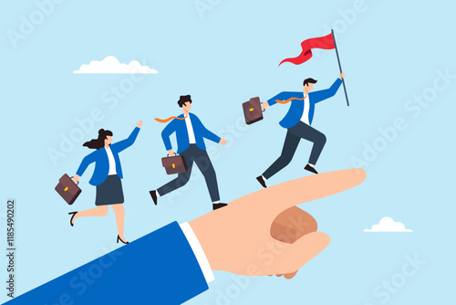 Flat illustration of businessman leader hold flag and run on hand pointing finger leading team members to success