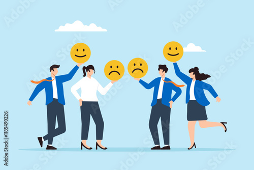 Flat illustration of businessman and businesswoman hold happy and sad faces emoji symbolizing employee morale and team spirit