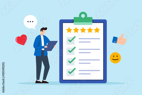 Flat illustration of man hold survey on clipboard symbolizing customer feedback collection and improvement