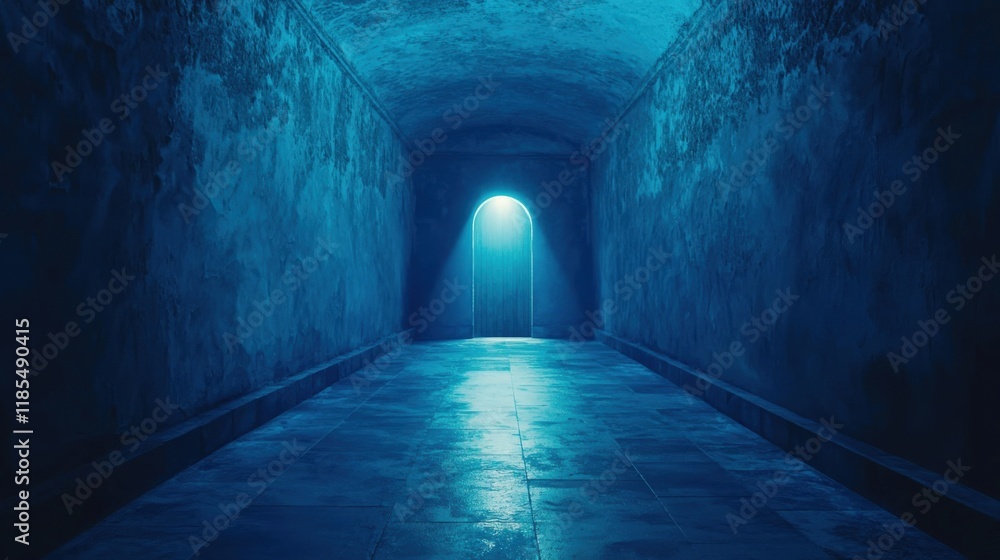 Fototapeta premium Mysterious Blue Corridor with Illuminated Doorway