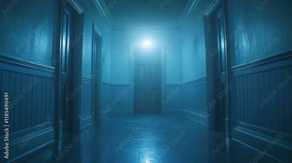 Mysterious Hallway with Glowing Door Light Mysterious Hallway with Glowing Door Light