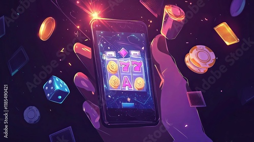 Mobile Casino Slot Game: Neon-lit Hand Holds Vibrant Smartphone photo