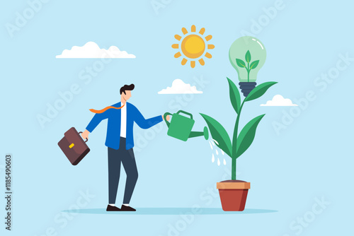 Flat illustration of businessman watering ecology plant with clean energy lightbulb symbolizing sustainability and eco friendly practice photo