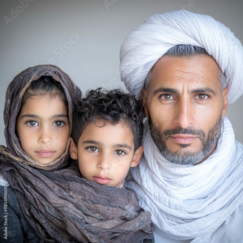 Moroccan Family Portrait  Father  Daughter  Son  Traditional Clothing  Close up photo