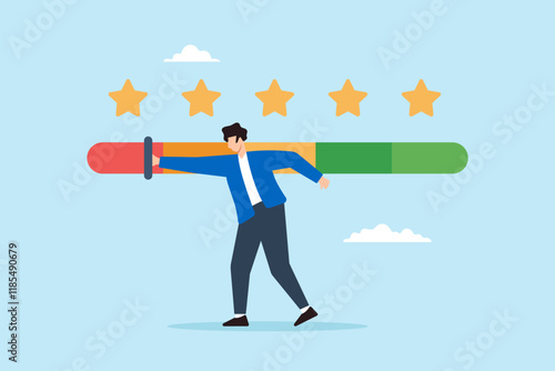 Flat illustration of angry man push rating bar down to show dissatisfaction symbolizing negative feedback or complaint