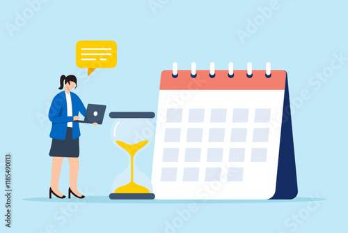 Flat illustration of businesswoman work on laptop with sandglass and calendar managing deadlines for project launch