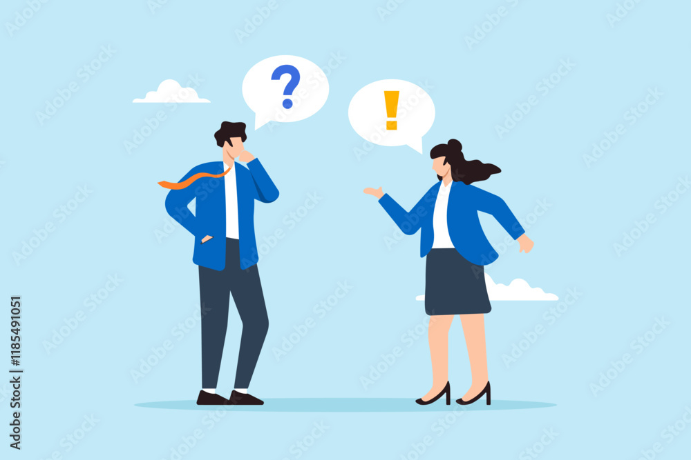 Flat illustration of businessman and businesswoman ask answer with question and exclamation mark engaging in QA session to solve workplace problem Flat illustration of businessman and businesswoman ask answer with question and exclamation mark engaging in QA session to solve workplace problem