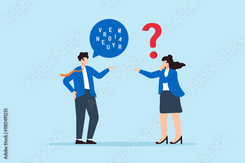 Flat illustration of businessman speak with jumbled letter in speech bubble symbolizing unclear message or confusion communication