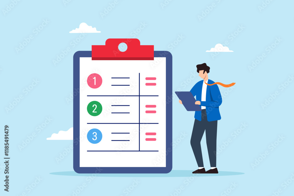 Flat illustration of project manager businessman organizing task by priority on clipboard work management planner