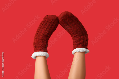 Cozy red knitted socks with...