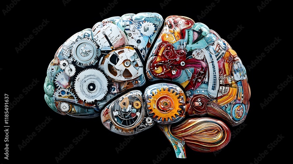 Fototapeta premium A Mechanical Brain Art Piece Constructed From Gears and Colorful Components