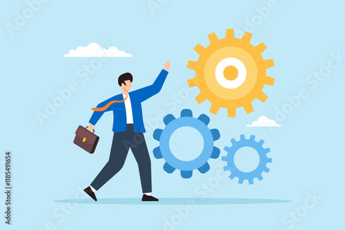 Flat illustration of business entrepreneur work with cogwheel symbolizing productivity and efficiency improvement
