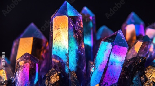 Close-up of vibrant, iridescent crystals with purple, blue, and orange hues against a dark background.
