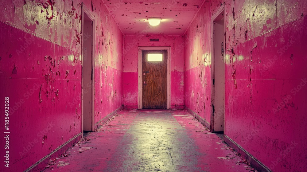Vibrant Abandoned Hallway with Peeling Paint Vibrant Abandoned Hallway with Peeling Paint