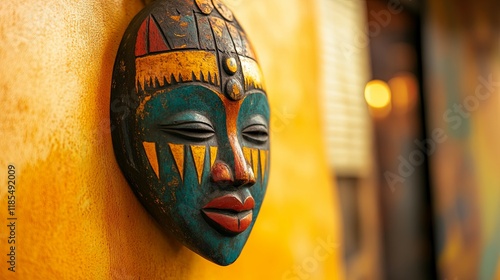 Carved wooden mask on the wall with tribal design and gold accents photo