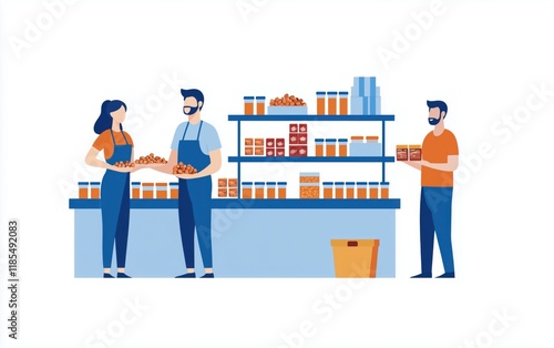 Food Bank Volunteers Organizing Canned Goods on Shelves - Flat Design Illustration