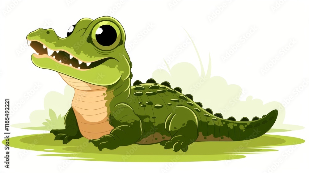 Fototapeta premium A cute, cartoon-style crocodile with large eyes, green skin, and a friendly expression lying on grass.