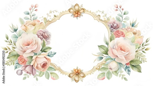 A decorative floral frame featuring soft pastel roses and greenery, perfect for invitations or announcements.