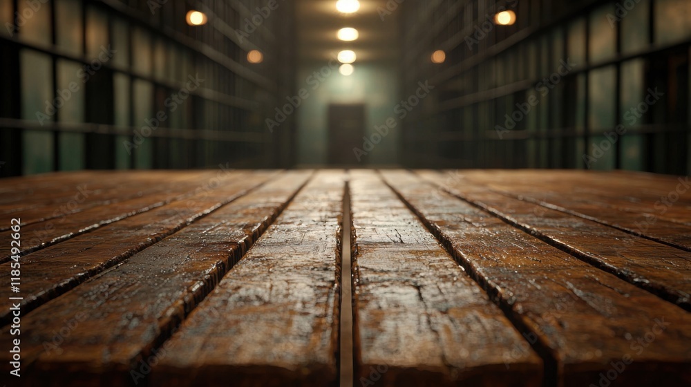 Close up of empty wooden table in jail interior design dark environment captivating perspective Close up of empty wooden table in jail interior design dark environment captivating perspective