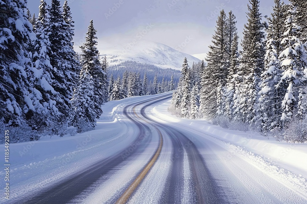 Obraz premium Winding Snowy Road Through a Winter Wonderland, Scenic Mountain Drive
