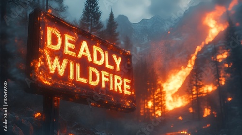 Sign that reads “DEADLY WILDFIRE” - fire - brushfire - forest fire - emergency - disaster - burn - burning