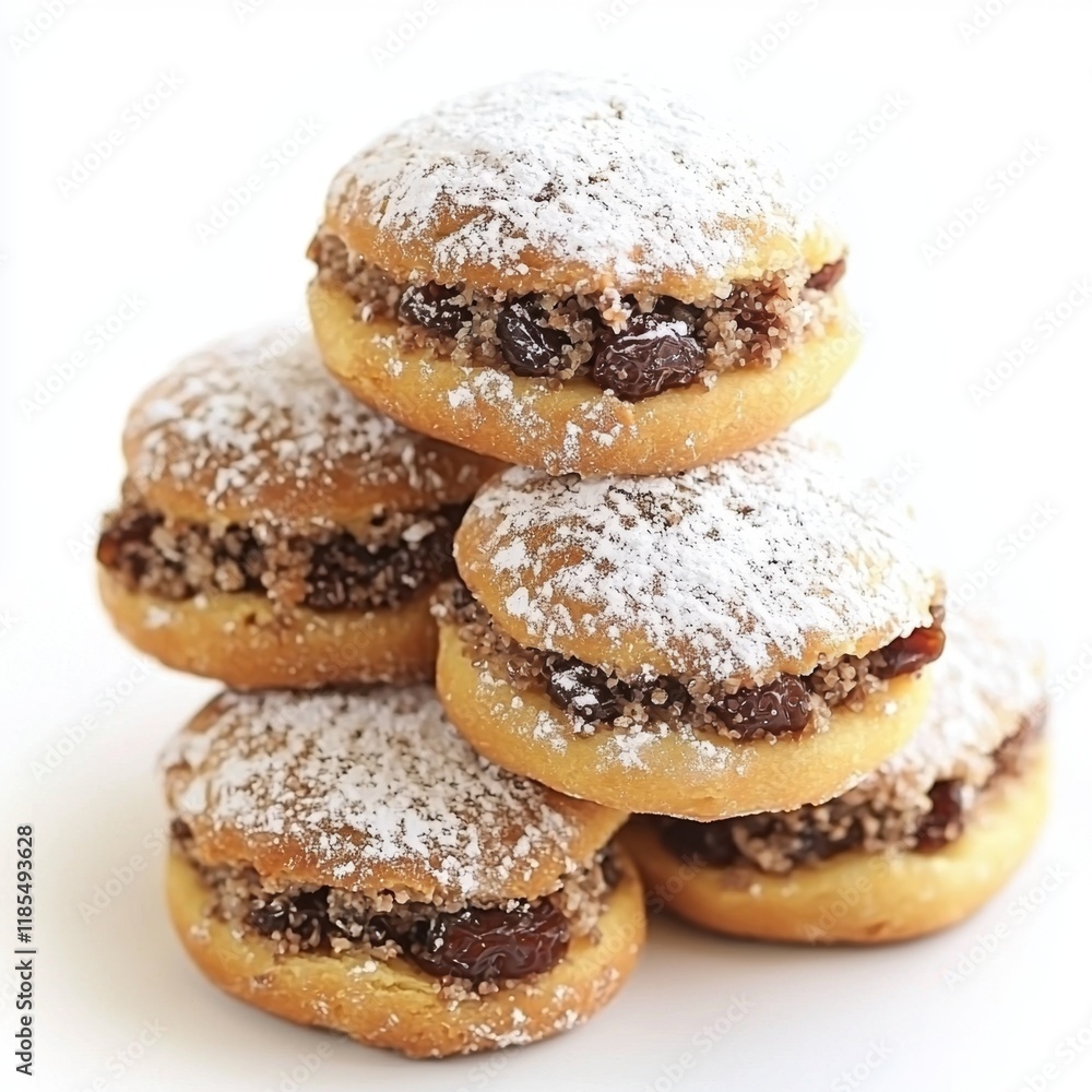 Delicious Sweet Pastry Cookies with Powdered Sugar and Raisins Stacked Creatively on a White Background Delicious Sweet Pastry Cookies with Powdered Sugar and Raisins Stacked Creatively on a White Background
