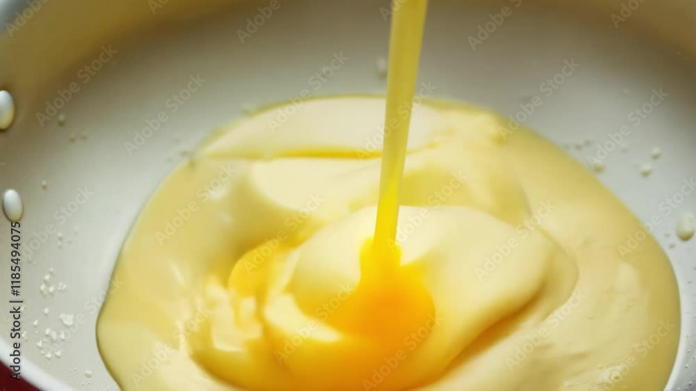 Close-up, top-down video with soft lighting of melted butter being poured into a bowl, the butter glistens with a golden hue