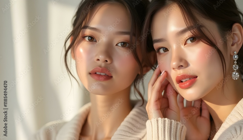 Beauty portrait of two beautiful young women with glowing glamour makeup and long straight hair. Aesthetic medicine concept.
Beauty portrait of two beautiful young women with glowing glamour makeup and long straight hair. Aesthetic medicine concept.
