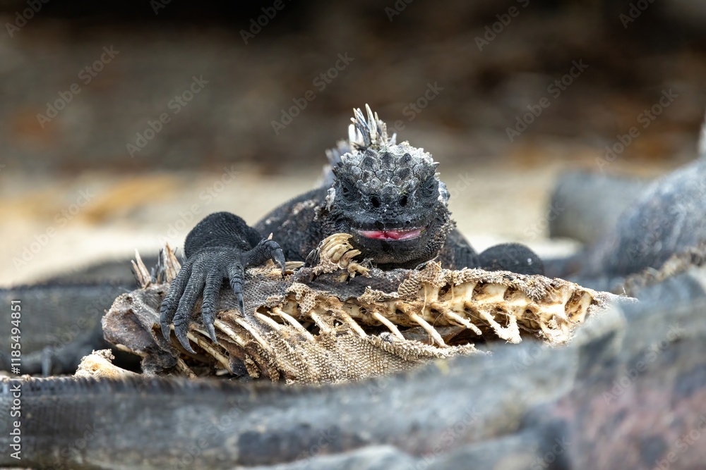 Obraz premium Galapagos marine iguana stares menacingly with its tongue out on top of the corpse of another marine iguana