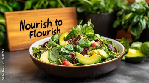 Fresh Green Salad with Avocado and Quinoa Against Vibrant Background photo