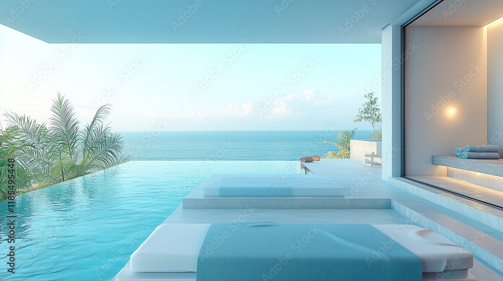 Fototapeta premium Minimalist Coastal Spa with Soothing Blues and Neutrals
